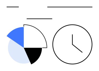 Kalın çizgileri olan basit bir saatin yanında, zaman analizi ve üretkenlik temalarını ileten turta grafiği bölümlere ayrılır. İş için ideal, planlama, araştırma, verimlilik, zamanlama, odaklanma, daire