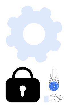 İlerlemenin mavi vites sembolü, korunma için siyah asma kilit, mali takas için düşen bozuk paraları yakalama. Güvenlik, teknoloji, finans, güven, yenilik, üretkenlik için ideal basit