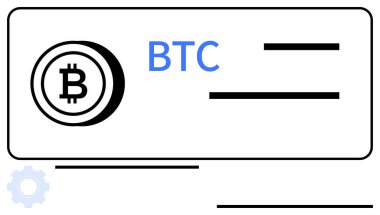 BTC metniyle Bitcoin amblemi, dikdörtgen bir düzende kalın yatay çizgiler. Kripto para birimi, engelleme zinciri, ödeme yöntemleri, finans teknolojisi, fintech tasarımı, dijital cüzdanlar, modern