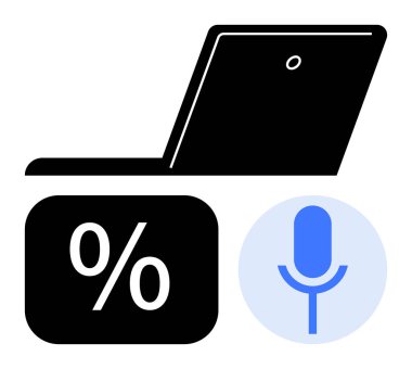Laptop açık, kalın yüzdeli logo ve açık mavi daireli mikrofon. Analiz, teknoloji, ses tanıma, satış, iletişim eğitimi için ideal yapay zeka. Düz basit metafor