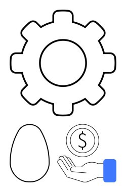 Dişlileri sembolize etme süreci, para teklif etme ve potansiyel için yumurta ikonu. Finans, yenilik, tasarruf, büyüme, strateji, takım çalışması için ideal basit iniş sayfası
