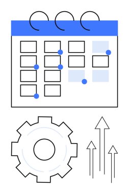 İşaretli tarihli takvim, işlem optimizasyonu için teçhizat ve ilerleme için yukarı doğru oklar. Planlama, programlama, iş akışı, üretkenlik, büyüme, strateji için ideal basit iniş sayfası