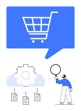 Bulut dişlilerinin üstünde konuşma balonunda alışveriş arabası dosyaları birbirine bağlıyor. Elinde büyüteç tutan adam aramayı vurguluyor. E-ticaret, teknoloji, veri yönetimi, bulut hizmetleri, iş stratejisi için ideal