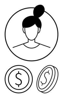 Dolar paralarının üzerinde daire çizen bir kadın avatarın ana hatları. Finans, tasarruf, dijital cüzdan, ekonomi, mali planlama, yatırım, e-ticaret için ideal