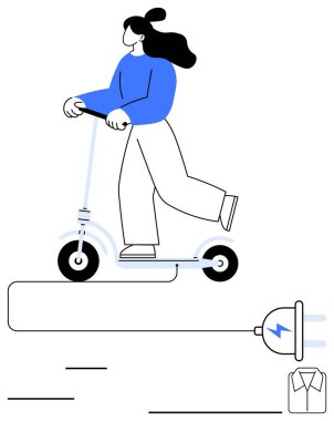 Elektrikli scooter kullanan genç bir kadın. Dalgalı saçları, elektrik prizi ve pil ikonu var. Sürdürülebilirlik, temiz enerji, hareket edebilirlik, teknoloji, yenilik eko-ulaşım yaşam tarzı için idealdir. Düz basit