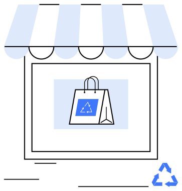 Tente ve geri dönüşüm amblemi sergilenen kağıt torba ile dükkan cephesi. Sürdürülebilirlik, perakende, geri dönüşüm, ticaret, eko-bilinç, çevrimiçi alışveriş, çevresel hedefler için idealdir. En küçük düz düz