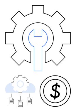 İçinde ingiliz anahtarı olan vites, belge bağlantıları olan bulut, ve dolar işareti bakım, bulut hesaplama, sistem optimizasyonu, iş yatırımı, maliyet analizi, bilişim yönetimi, düz basit