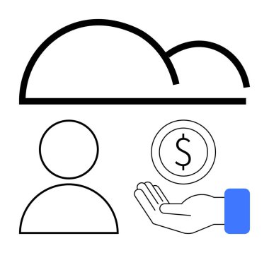 Bulut ögesi, kullanıcı simgesi, bulut depolama, kullanıcı odağı ve finans temalarını vurgulayan madeni para eli. Teknoloji, kullanıcı katılımı, finans, yenilik veri paylaşımı için ideal e-ticaret basit