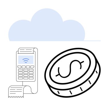 Faturalı ödeme terminali, para birimini sembolize eden para, ve yukarıda bulut simgesi. Çevrimiçi ödeme, e-ticaret, dijital cüzdan, bulut bankacılık, fintech, işlemler basit iniş sayfası için ideal
