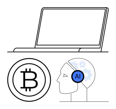 Laptop taslağı, Bitcoin logosu, yapay zeka etiketli robotik kafa ve vitesler. Teknoloji, finans, yapay zeka, engelleme zinciri, yenilikçi dijital ekonomi otomasyonu için ideal. Düz basit metafor