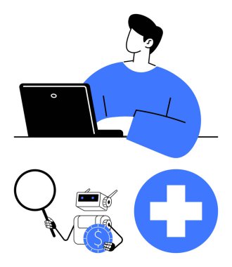 Dizüstü bilgisayarda çalışan biri, para ve sağlık sigortası haçı ile robot büyüteç tutuyor. Teknoloji, iş, finans, yapay zeka, araştırma yenilikleri için ideal. Düz basit metafor