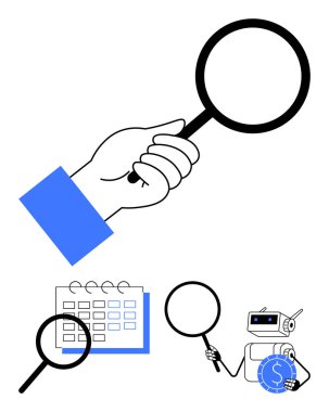 El sıkıştırıcı büyüteç, planlama ve organizasyon takvimi, finansal verileri değerlendiren robot figürü. Araştırma, analiz, üretkenlik, zamanlama, otomasyon, iş finansmanı için ideal