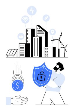 Yenilenebilir enerji kaynaklarına sahip modern binalar kilit ikonlu insan kalkanı el ele tutuşan paralar ve bağlantıyı temsil eden ikonlar. Teknoloji, siber güvenlik ve sürdürülebilirlik için ideal