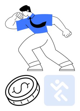 Kravat takmış enerjik bir işadamı cesur bir hamle yapıyor, maddi motivasyonu simgeleyen dolar parası, başarı ikonu. Finans, motivasyon, iş stratejisi, kurumsal hedefler, büyüme ve ekonomi için ideal