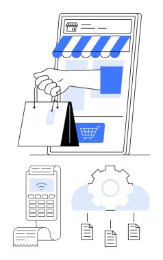 Akıllı telefon mağazasından alışveriş torbası, fatura, teçhizat ve döküman akışıyla bulutlu POS terminali. Çevrimiçi perakende satış, dijital ödeme, bulut depolama, e-ticaret, iş otomasyonu için ideal