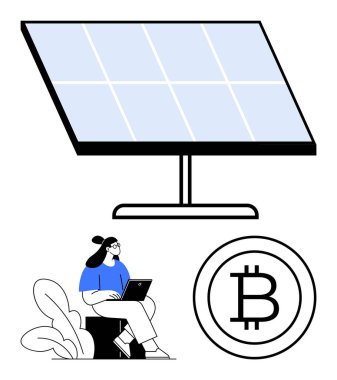 Güneş paneli yenilenebilir enerjiyi simgeliyor. Bilgisayarlı bir kadın teknolojik zekayı temsil ediyor. Bitcoin de kriptoyu temsil ediyor. Sürdürülebilirlik, yenilik, finans, engelleme zinciri için ideal