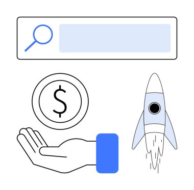 Arama çubuğu, el ele tutuşan bozuk para ve uzaya fırlatılan roket. İş, finans, yenilik, teknoloji, başlangıç, pazarlama ve basit iniş sayfası için ideal