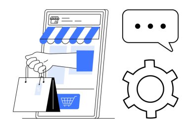 Cep telefonu mağazasından alışveriş torbası, sohbet balonu ve ayarlar. Çevrimiçi alışveriş, e-ticaret, ticari işlemler, dijital strateji, müşteri hizmetleri, basit mobil ticaret için ideal