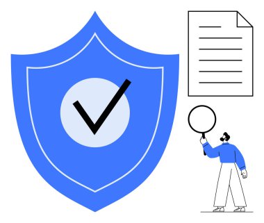 İşaretli mavi kalkan, döküman taslağı, büyüteçle inceleme yapan kişi. Güvenlik, dürüstlük, gizlilik, uyum, koruma, kimlik doğrulama için ideal