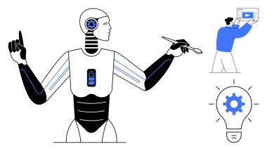 Yapay zeka robotuyla çalışan bir insan stil ve içinde teçhizat olan bir ampul tutuyor. Teknoloji, yenilik, yapay zeka, yaratıcılık, takım çalışması, fütüristik temalar, basit iniş sayfası için ideal