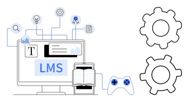 LMS arayüzü, açık kitap, vites, oyun denetleyici ve eğitim unsurları için simge içeren bilgisayar ekranı. E- öğrenim, öğretim, eğitim, teknoloji eğitim stratejisi için ideal dijital araçlar