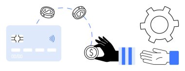 Eline bozuk para geçen kredi kartı, otomatik vites sembolü. Fintech, e-ticaret, işlemler, finans, bankacılık, dijital cüzdanlar, basit iniş sayfası için ideal