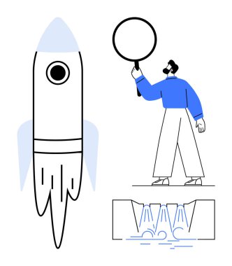 Roket fırlatma, büyüteç araştırması ve bilimsel deney görselleştirmesi olan adam. Bilim, araştırma, yenilik, keşif, keşif, başlangıç eğitimi için ideal basit iniş sayfası