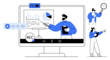 Sunucu sanal toplantı sırasında ekrandaki grafikleri, kayıt, ses ve HD video araçlarıyla açıklar. Teknoloji, uzaktan çalışma, eğitim, öğretim, analitik iş toplantıları için idealdir.