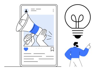 Mobil ekrandan uzanan megafon el, ampulü işaret eden kişi. Pazarlama, reklam, iletişim, içerik oluşturma, markalaşma, yenilik stratejisi için idealdir. Düz basit metafor