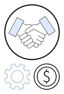 Asgari teçhizat ve dolar işareti grafikleriyle çevrelenmiş durumda. Takım çalışması, iş anlaşmaları, strateji, ekonomik büyüme, ortaklık, yenilik, basit iniş sayfası için ideal