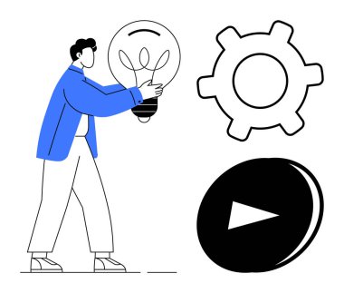 Ampul tutan adam fikri temsil ediyor, işlem için dişli, ve uygulama için oynat düğmesi. Yaratıcılık, yenilik, iş akışı, takım çalışması, stratejiler, üretkenlik düzlüğü için ideal basit metafor