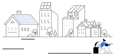 Evler ve gökdelenler üzerine güneş panelleri, canlı ağaçlar, çantalı yürüyen insan. Sürdürülebilirlik, kentsel yaşam, yenilenebilir enerji, yeşil şehir planlaması, çevre bilinci yaşam tarzı, akıllı şehirler için ideal