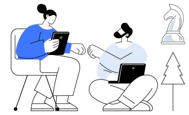 İki birey tablet ve dizüstü bilgisayarla oturuyor, anlaşarak yumruk tokuşturuyorlar, bir satranç şövalyesi ve ağaç ikonunun yanında. Takım çalışması, strateji, işbirliği, teknoloji, başarı, ortaklık planlaması için ideal