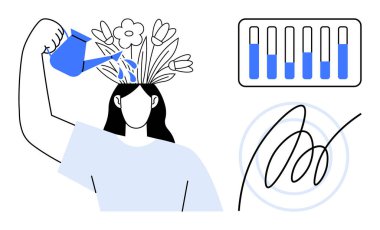 Kafasından çiçek yetiştirmek için su döken kadın, test tüpleri ve soyut girdapların yanında kişisel gelişim ve yaratıcılığı da simgeliyor. Kişisel gelişim, zihinsel sağlık ve yenilik için ideal