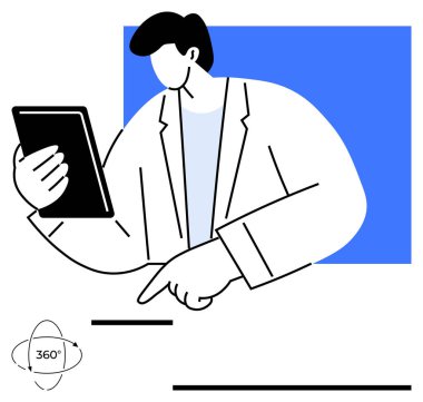 Bireysel tutucu tablet 360 derecelik navigasyon konseptiyle etkileşime girer. Teknoloji, yenilik, çalışma alanı, dijital etkileşim, sanal gerçeklik, keşif ve eğitim için ideal. Düz basit