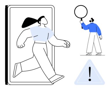 Ekrandan çıkan kişi, elinde büyüteç tutan kişi, uyarı üçgeni. Teknoloji, ilerleme, merak, dikkat, analiz, uygulamalar ve basit iniş sayfası için ideal