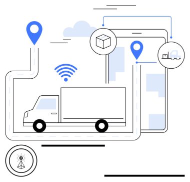 GPS pimleri, kablosuz sinyalleri ve IOT elementleri olan haritalı bir güzergahta teslimat kamyonu. Lojistik, dağıtım, otomasyon, GPS izleme, akıllı şehir, bağlantı sade iniş sayfası için ideal
