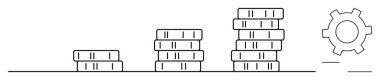 Madeni para yığınları, bir vites sembolünün yanında, finansal büyümeyi, optimizasyonu, zenginlik yönetimini sembolize eden sıralı olarak artar. İş stratejisi, yatırım, tasarruf ve fintech için ideal