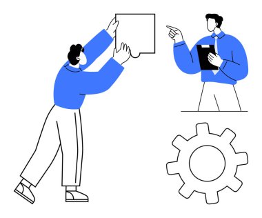 Bulmaca çözmede, fikir paylaşımında ve planlama sürecinde ekipmanla işbirliği yapan iki birey. Takım çalışması, problem çözme, üretkenlik, strateji, planlama, yenilikçi iş akışı için ideal. Düz basit