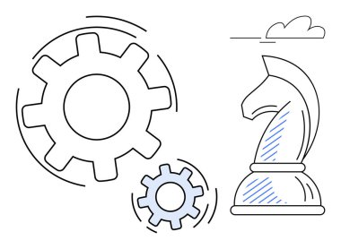 Bir satranç şövalyesinin yanına vites bağlamak sinerji, strateji ve karar verme mekanizmasını sembolize eder. İş için ideal, planlama, yenilik, takım çalışması, liderlik, problem çözme metaforu