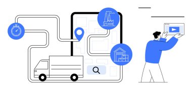 Fabrikalı, depo işaretli, kronometreci video sunan dijital haritalı bir kamyon. Lojistik, dağıtım sistemleri, teknoloji, uzaktan izleme, içerik oluşturma, navigasyon için ideal