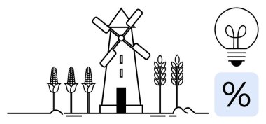 Mısır ve buğdayla çevrili yel değirmeni, yeniliği temsil eden ampul ve veriyi veya verimliliği simgeleyen yüzde sembolü. Sürdürülebilirlik, yenilenebilir enerji, tarım, yenilik ve veri için ideal