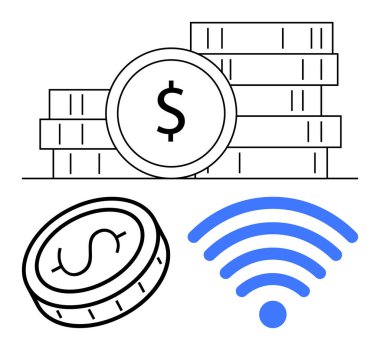 Bir yığın bozuk para, tek bozuk para ve mavi kablosuz sinyal ikonu. Finans, dijital ödeme, bağlantı, e-ticaret, fintech, bankacılık ve basit bir iniş sayfası için ideal