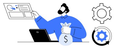 Ekrandaki grafiği analiz eden kişi para çantası, masadaki dizüstü bilgisayar, iş akışı için vites simgeleri. Finans, iş stratejisi, analitik, süreç otomasyonu, yatırım, maliyet yönetimi için ideal