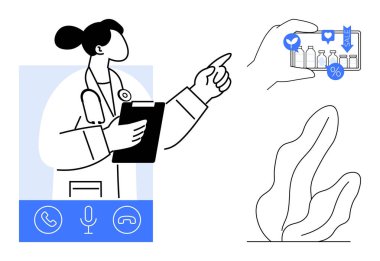 Akıllı telefondaki online danışma sırasında pano jestleri yapan kadın doktor tıbbi seçenekleri vurguluyor. Teletıp için ideal, dijital sağlık, sağlık erişimi, uzaktan tanı, modern