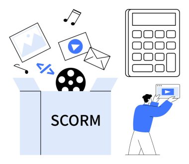 SCORM kutusu, medya dosyaları, müzik notaları, kod ve tablet tutan birinin düzenlediği görseller. E-öğrenim, eğitim, dijital eğitim, içerik kürasyonu, dosya yönetimi multimedya için ideal