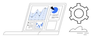 Analitik gösterge panelinde grafikler ve çizelgeler, teknoloji ve otomasyon kavramları için bir teçhizat ve bulut var. İş için ideal, analiz, süreç, bulut, otomasyon