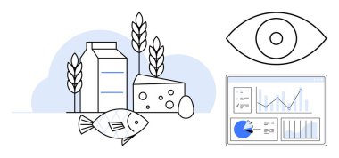 Süt, buğday, peynir, yumurta, balık, görüş ya da izleme için göz grafiği ve grafikli bir veri paneli. Gıda analizleri, beslenme tarımı sürdürülebilirlik sağlık teknolojisi için idealdir.