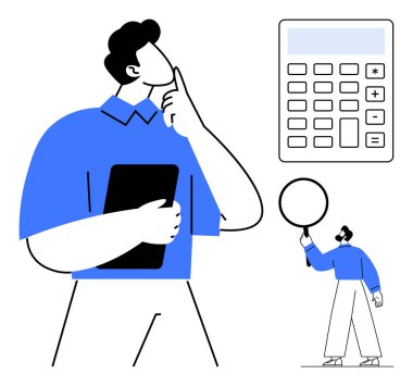 Tabletle düşünen bir adam, büyük hesap makinesi ve dairesel bir konsept sunan küçük bir figür. Yaratıcılık, yenilik, problem çözme, teknoloji, analiz, eğitim için ideal