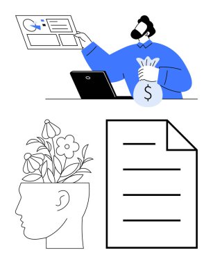 Businessperson, para çantası, dizüstü bilgisayar ile profil verilerini analiz ediyor, çiçek açıp yaratıcılığı sembolize ediyor, ve belgelendirme yapıyor. Finans, HR, yaratıcılık, veri, kişisel kavramlar için ideal